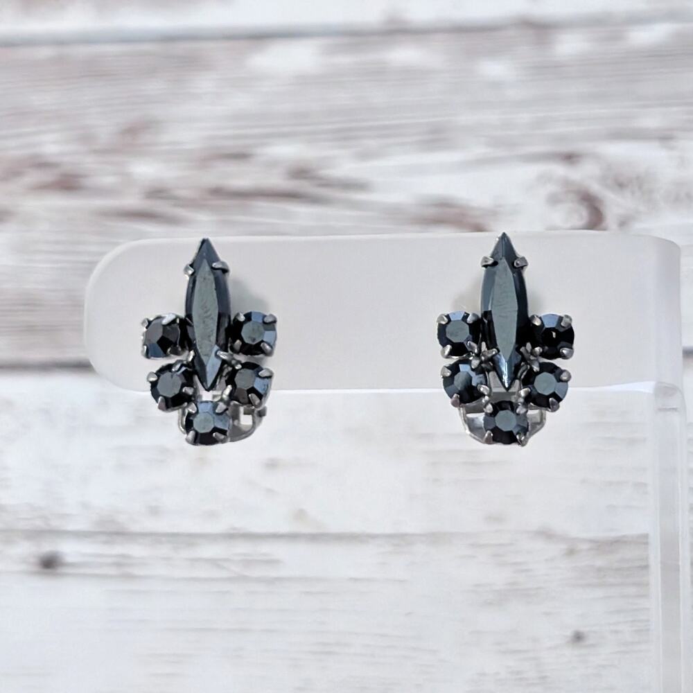 Vintage Clip On Earrings Regal Black Gems 1960's Statement